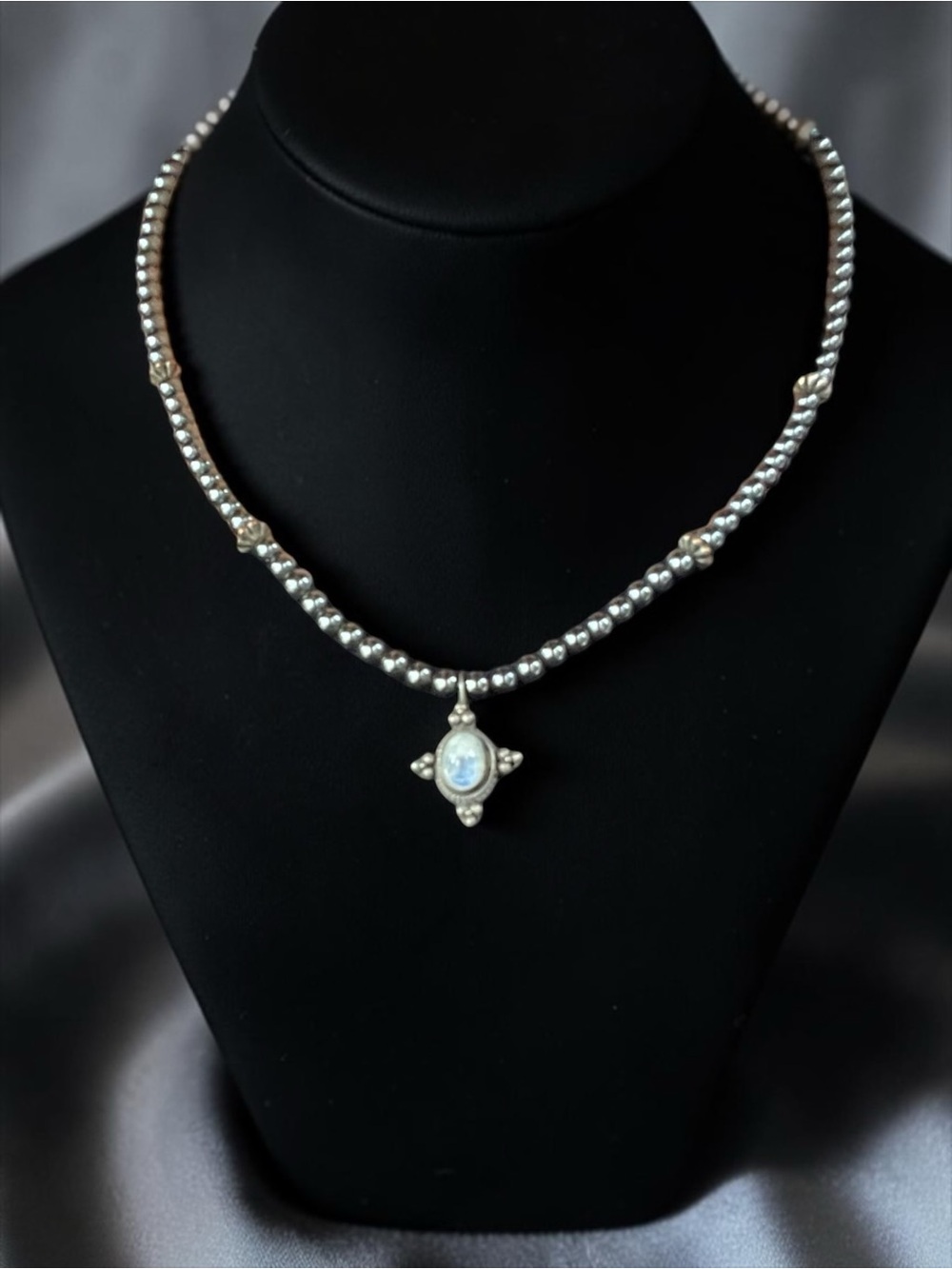 Sterling Silver Moonstone Cabochon Starburst Pendant Hematite Necklace